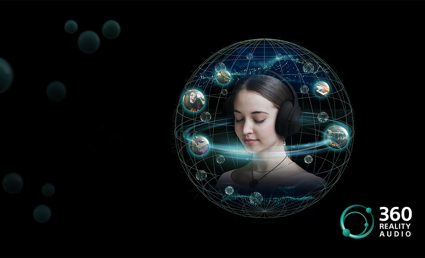 Una persona joven rodeada de música en pequeños orbes para mostrar la experiencia 360 Reality Audio de los audífonos ULT WEAR.