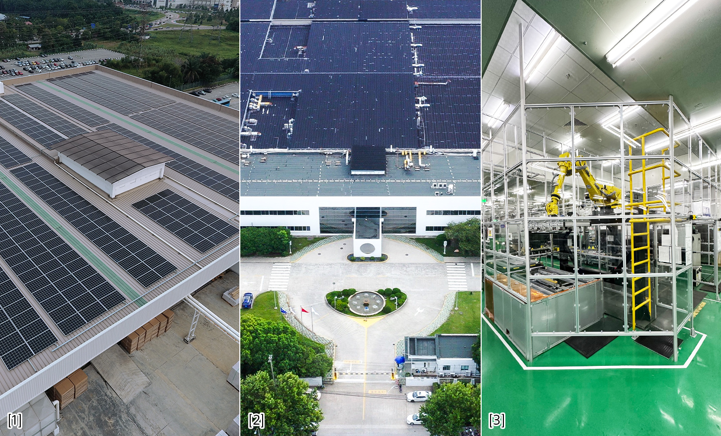 Tres imágenes que muestran distintas áreas de las plantas de fabricación de Sony con etiqueta que indica establecimientos en Malasia y Shanghái, China