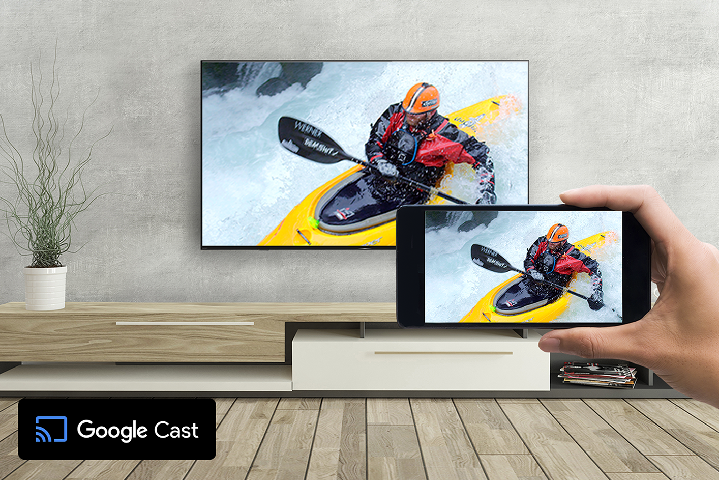Televisor BRAVIA transmitiendo una escena de piragüismo desde un smartphone con Google Cast.