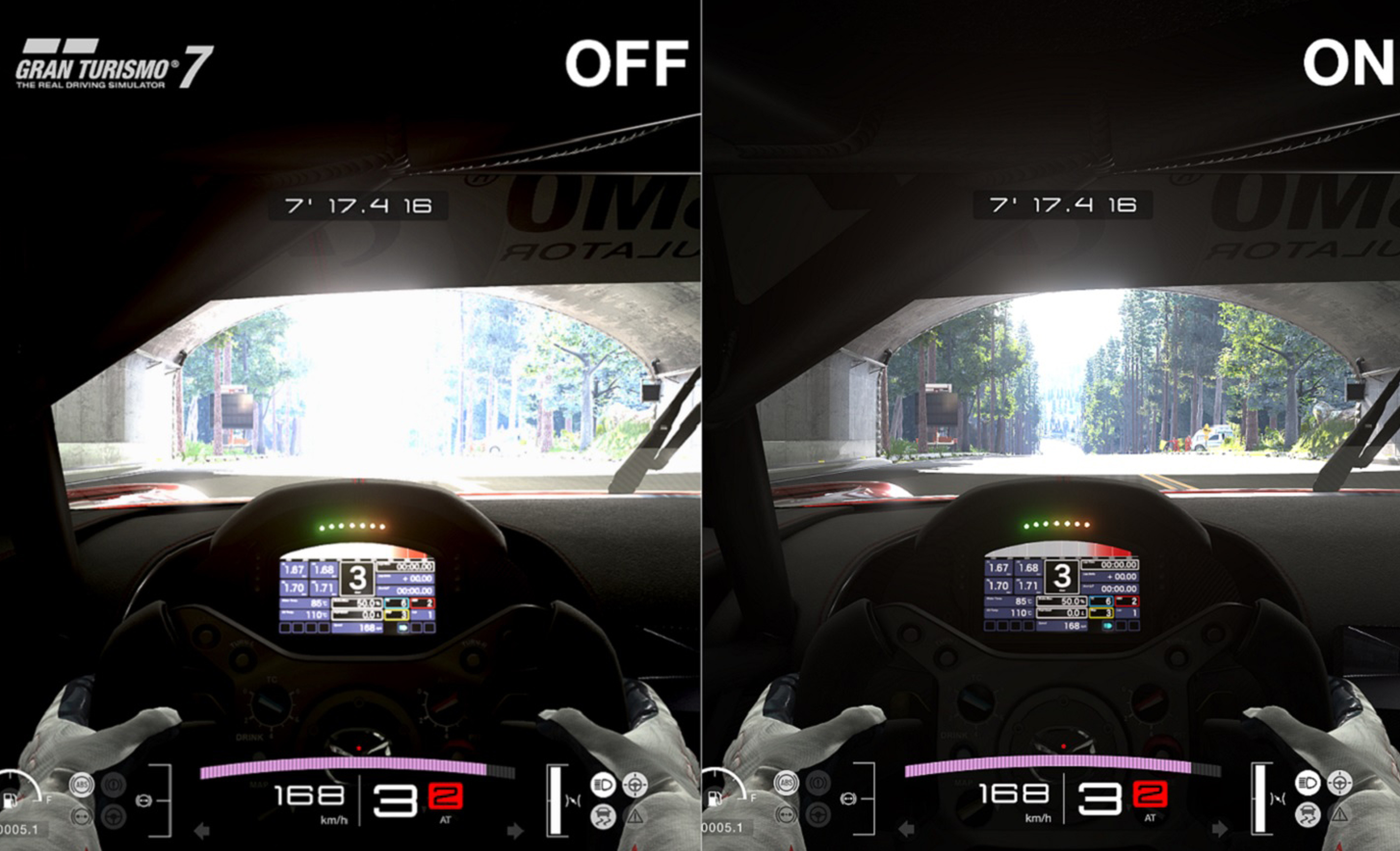 Imágenes de pantalla dividida de Gran Turismo 7 que muestran la diferencia con y sin el mapeado de tono HDR automático.