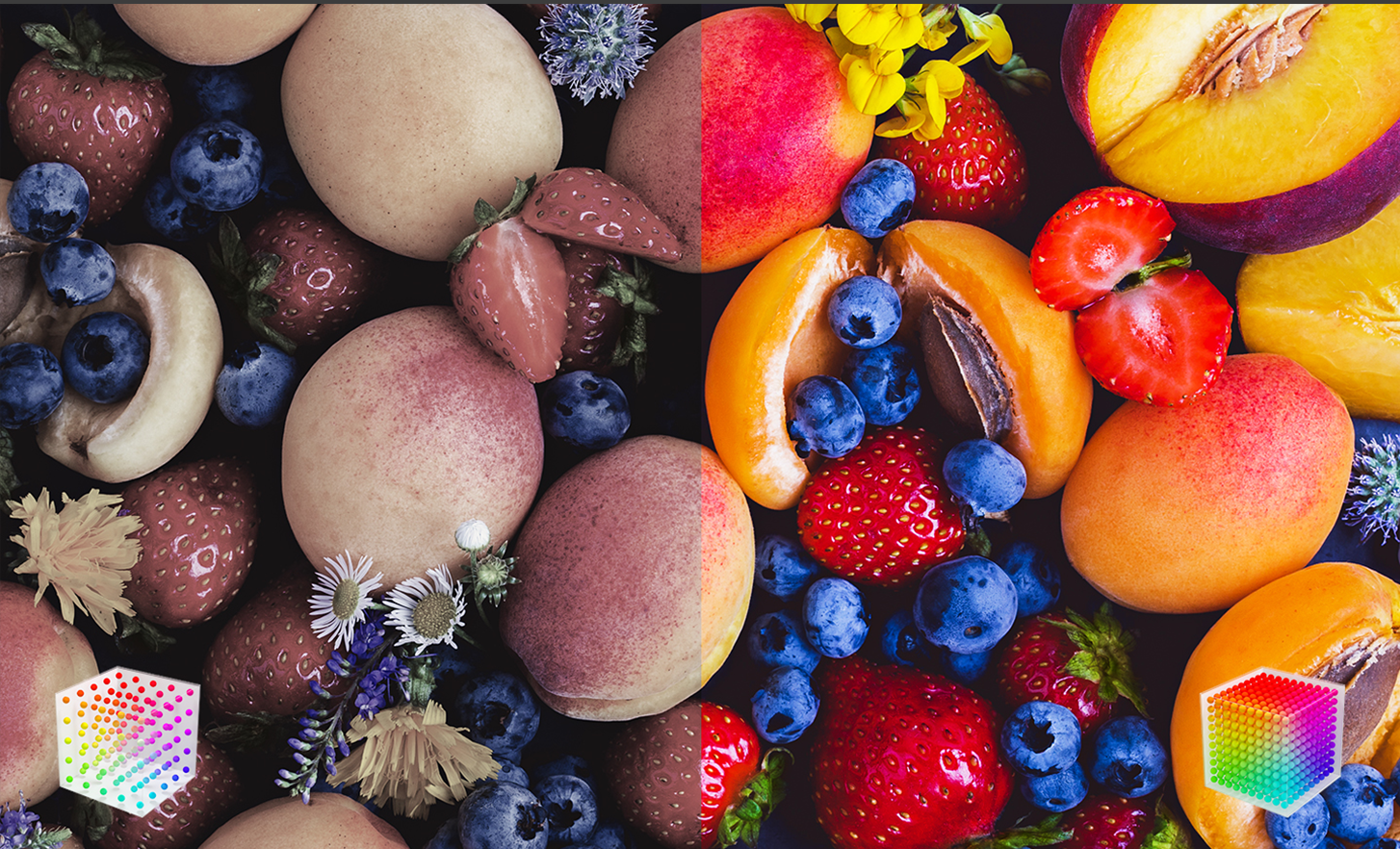 Comparación de frutas en una pantalla dividida que muestra la paleta de colores más amplia con XR Triluminos Max a la derecha y la versión menos intensa a la izquierda.