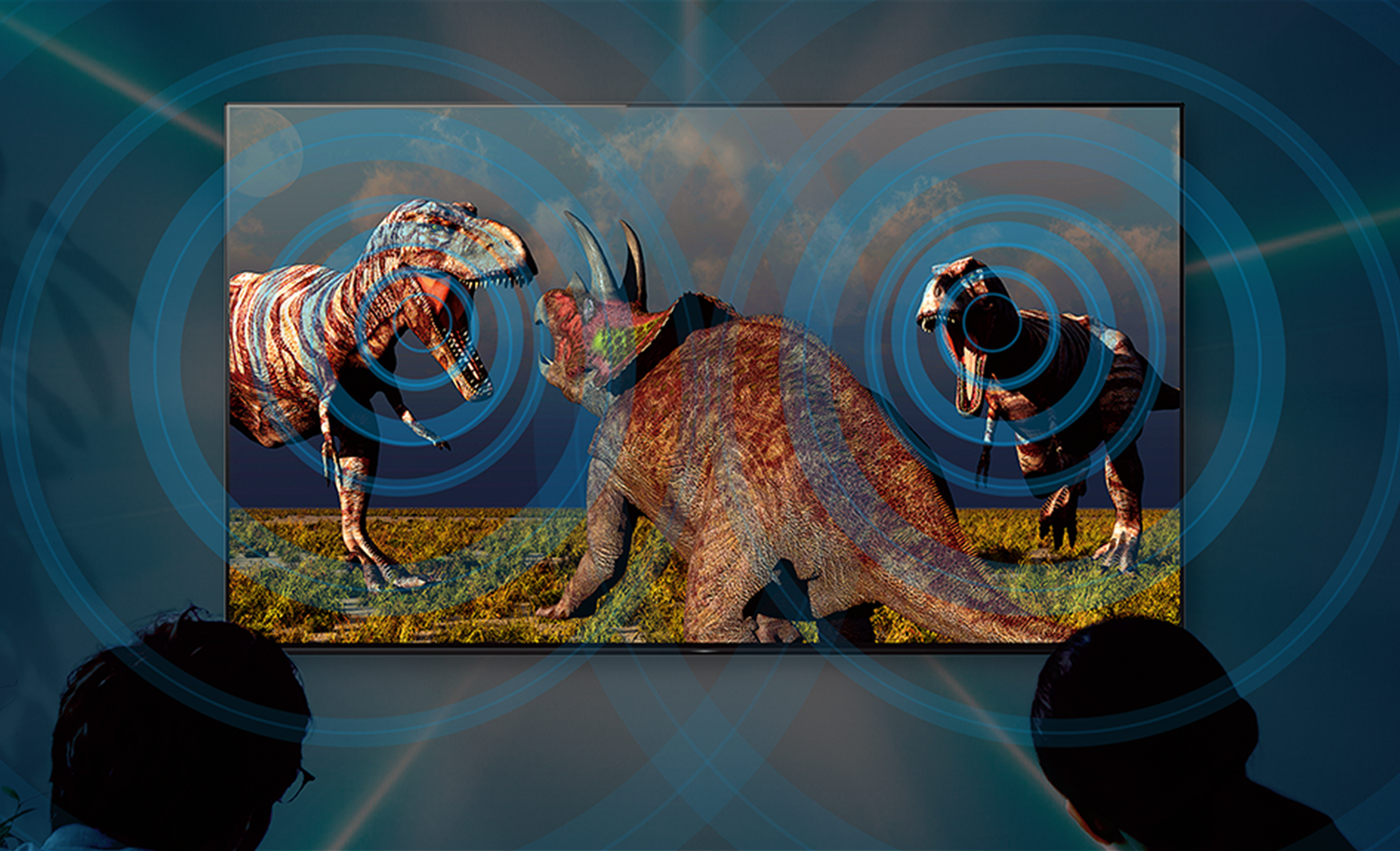 Imagen de dinosaurios que muestra cómo la tecnología Acoustic Surface reproduce sonido en la zona correcta de la escena.