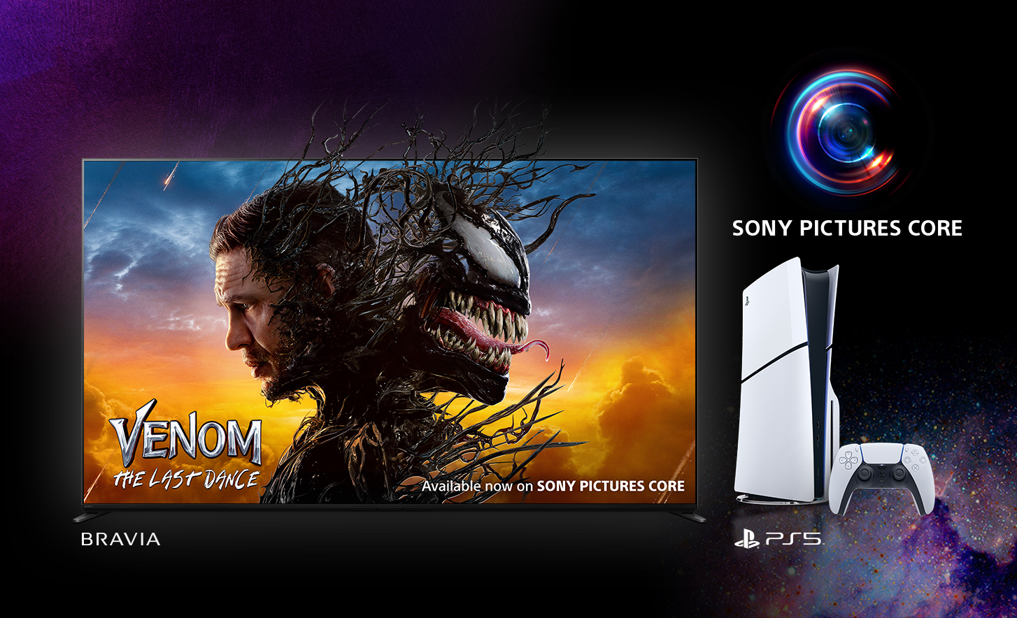Televisor BRAVIA que muestra “Venom: El último baile”, junto con una consola PlayStation 5 y un controlador, además del logotipo de Sony Pictures Core en un fondo cósmico.