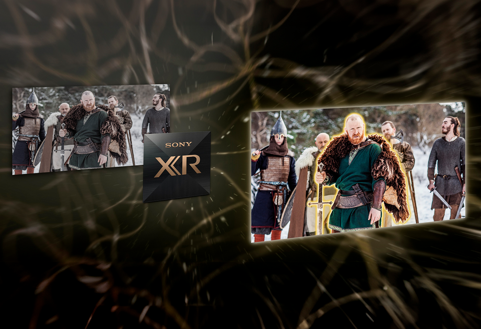 Una escena ambientada en la Edad Media, con el logotipo de XR Processor de Sony entre dos pantallas que muestran la misma escena con una calidad visual mejorada.
